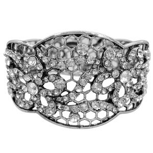 Fancy Daisy Flower Filigree Clear Rhinestone Wide Silver Hinged Bangle Bracelet